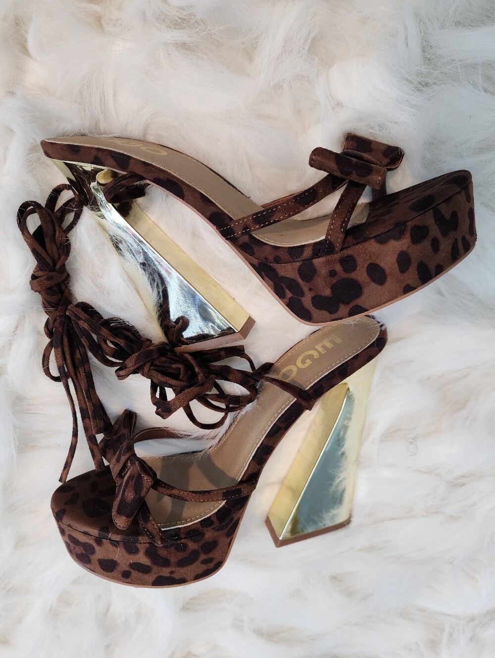 EGO Leopard Print Platform Heels Brown & Gold Statement Sandals Size UK 6/US 8